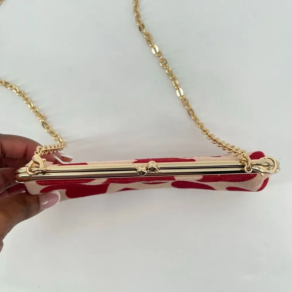 Heart Print Kiss Lock Clutch Crossbody Bag Red Cream Gold Chain Canvas Romantic